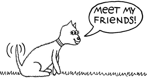 Minnie The Westie says, "meet my friends!" in her dog cartoon