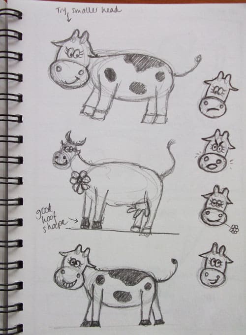 Mum's practice sketches of a moo-moo (yes, there will be moo-moos in my next book!). Notice how she is practicing the body shapes and also the facial expressions. Mum also writes notes about what she likes and doesn't like in the sketches.